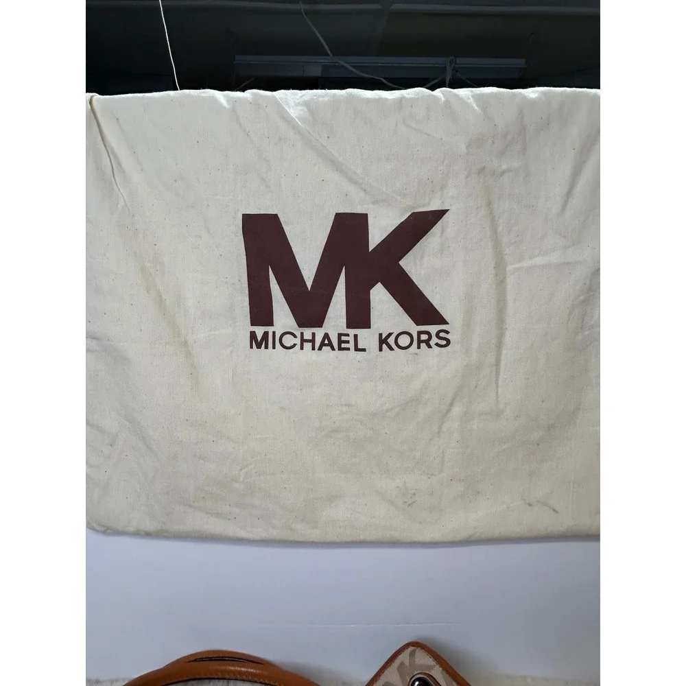 Michael Kors Hamilton Satchel Monogram Canvas Tan Leather Crossbody Bag Dust Bag